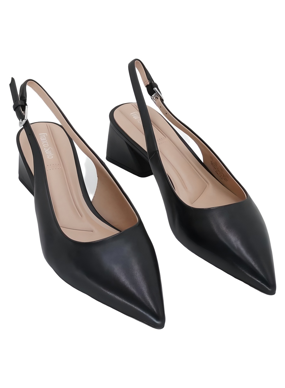 Franco Sarto Racer Black Leather Pointed Toe Slingback Block Heel Pumps Size 9W